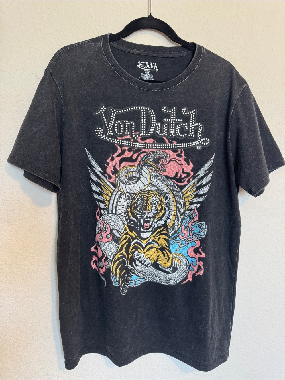 Von Dutch Black Tee with Yellow Tiger, White Snake & Pink Flames